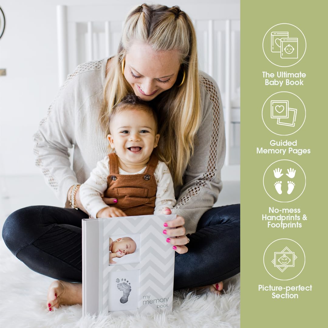 Pearhead First 5 Years Chevron Baby Memory Book, Clean-Touch Safe Ink Pad for Baby’s Handprint or Footprint, Gender Neutral Milestone And Pregnancy Gray