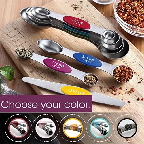 Spring Chef Multicolor Stainless Steel Magnetic Measuring Spoons Set of 8 with Leveler, Nesting Metal Teaspoon & Tablespoon Measuring Spoons, Kitchen Gadgets for Baking & Cooking - 2 Pack