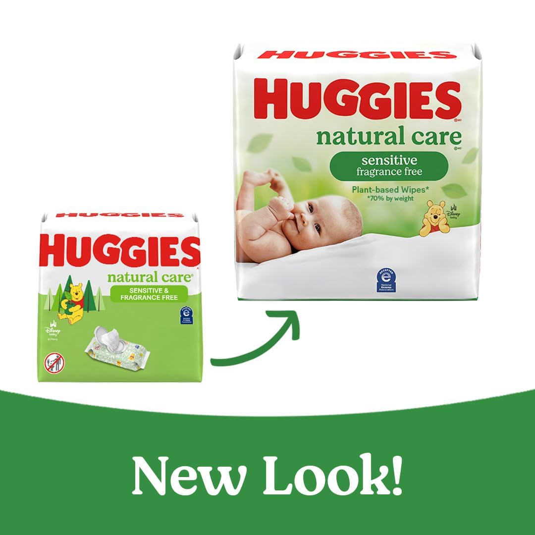 Huggies Natural Care Sensitive Baby Wipes, Unscented, Hypoallergenic, 99% Purified Water, 9 Flip-Top Packs (3 packs of 3), 504 Total Wipes (56 Wipes per pack), Packaging May Vary