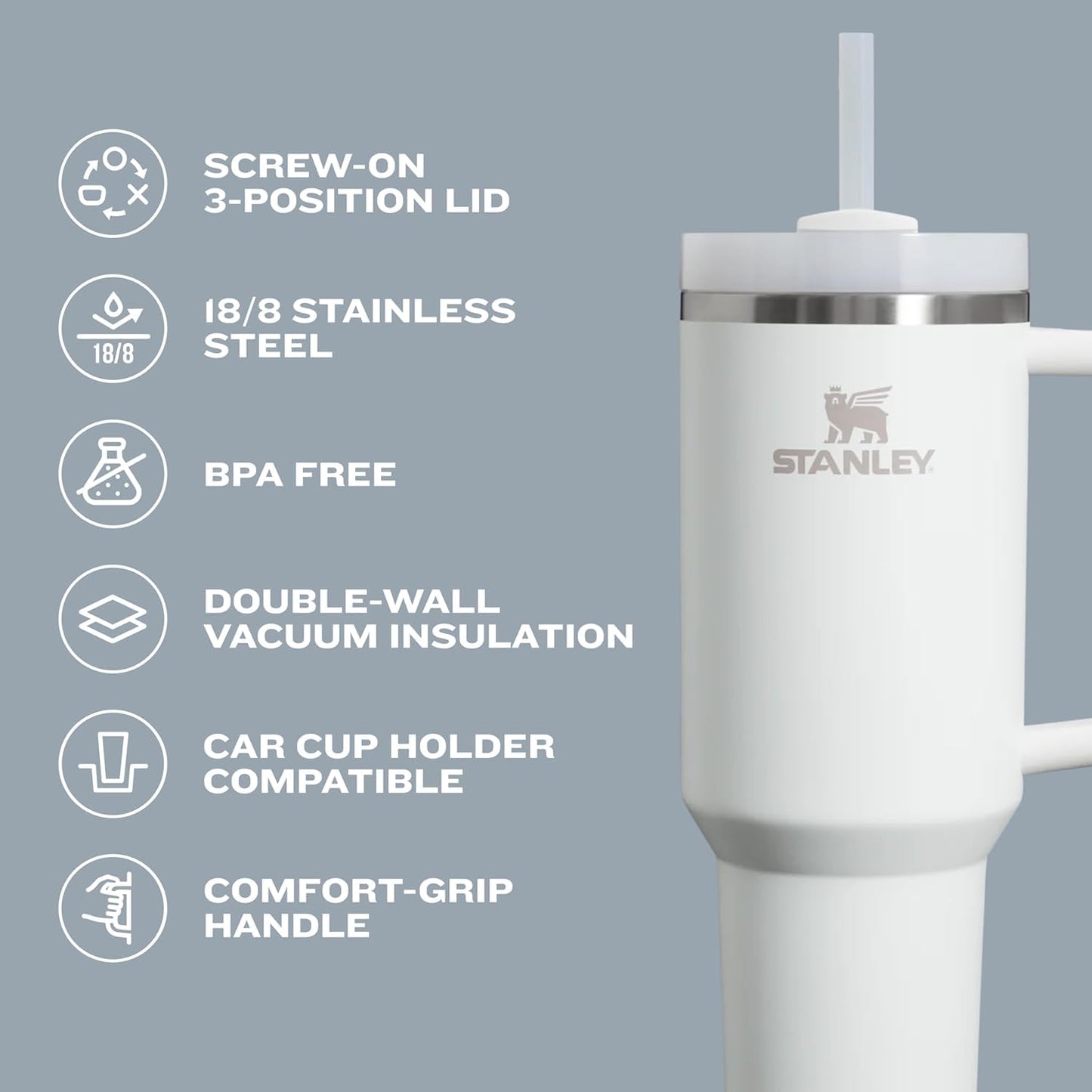 STANLEY Quencher H2.0 Tumbler with Handle and Straw 30 oz | Flowstate 3-Position Lid | Cup Holder Compatible for Travel | Insulated Stainless Steel Cup | BPA-Free | Frost