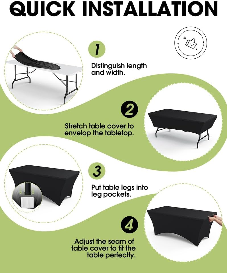 Pureegg Spandex Tablecloth 6ft - 2 Pack, Fitted and Tight Cloth for Rectangle Table, Wrinkle-Free and Stretch Table Cover for Party, Wedding, Banquet and Birthday, Black