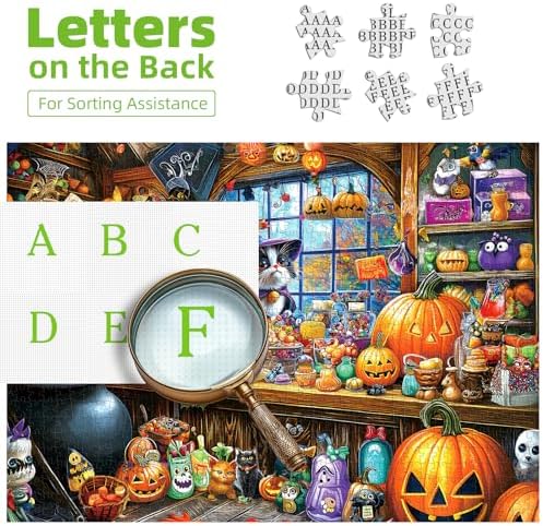 Halloween Witch Cat 1000 Piece Puzzle for Adults Halloween Candy Store Jigsaw Puzzle Spooky Treats Scene Challenging Impossible Puzzle Fun Games for Adults & Family Game Night