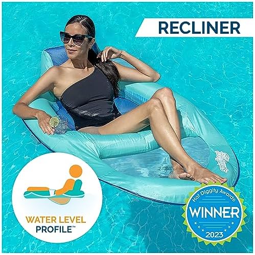 SwimWays Spring Float Recliner Chair for Swimming Pool, Inflatable Pool Floats Adult with Fast Inflation, Cup Holder & Foot Rest for Ages 15 & Up, Aqua