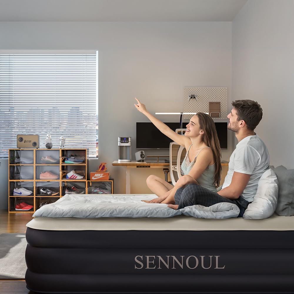 SENNOUL Air Mattress Queen with Built in Pump - 2 Mins Quick Self Inflatable,16"/650lbs Max Blow Up Bed, All Night Stability No Lost Air,No Peculiar Smell for Camping,Home,Guests & Portable Travel