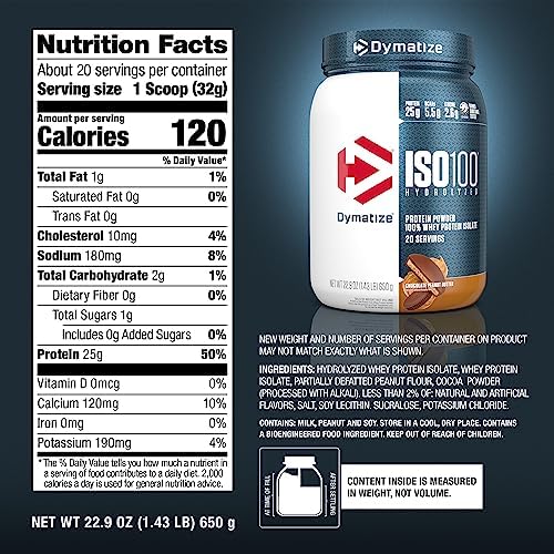 Dymatize ISO100 Whey Protein Powder Isolate, Chocolate Peanut Butter, 25g of Protein, 20 Servings, 5.5g BCAAs, Less Than 120 Cal., Gluten Free, 1g Fat, 1g Sugar, 2g Carb