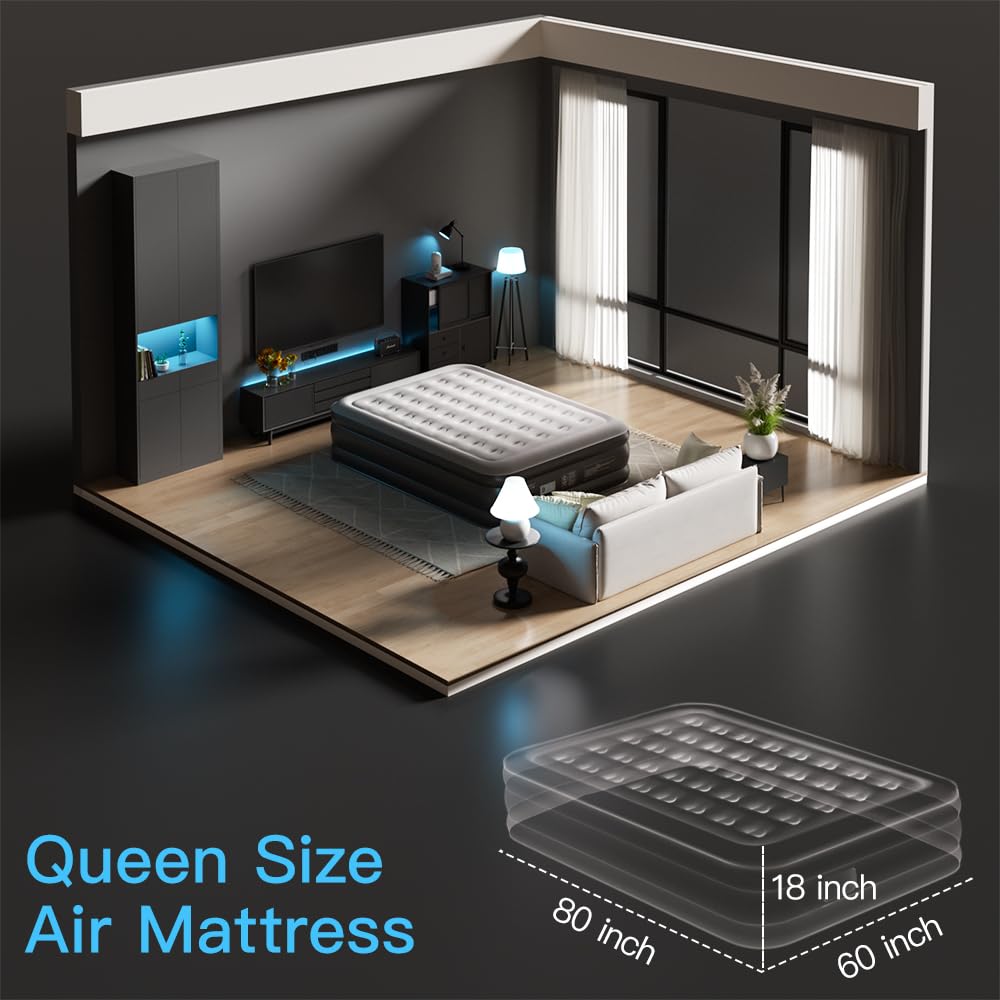 SENNOUL Air Mattress Queen with Built in Pump - Upgraded Blow Up Bed,2 Mins Quick Self Inflatable and Deflate, 18"/650lbs Max, Strong Support, Flocked Top, Puncture Resistant, for Camping,Home,Guests