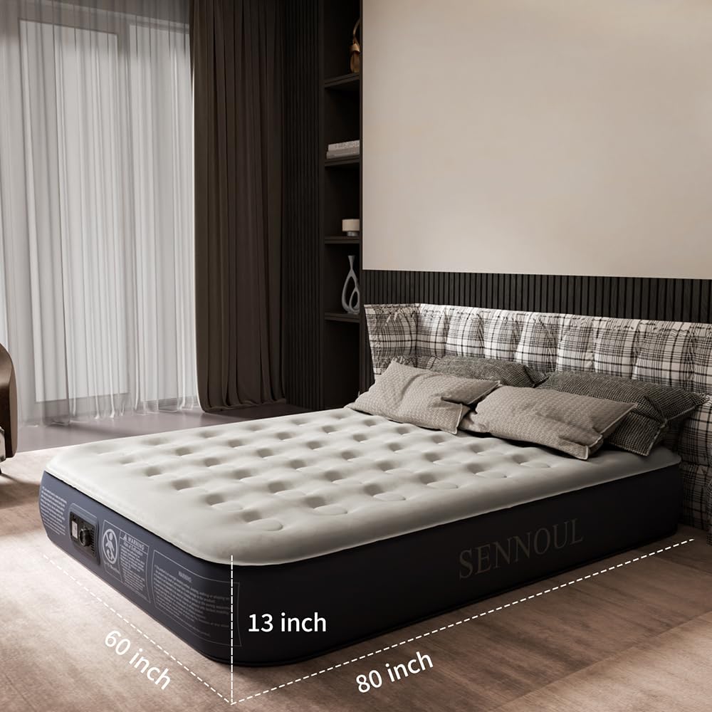 SENNOUL Air Mattress Queen with Built in Pump - Upgraded Blow Up Bed, 2 Mins Quick Self Inflatable, 13"/650lbs Max, Strong Support, All Night No Lost Air, for Camping,Home,Guests & Portable Travel