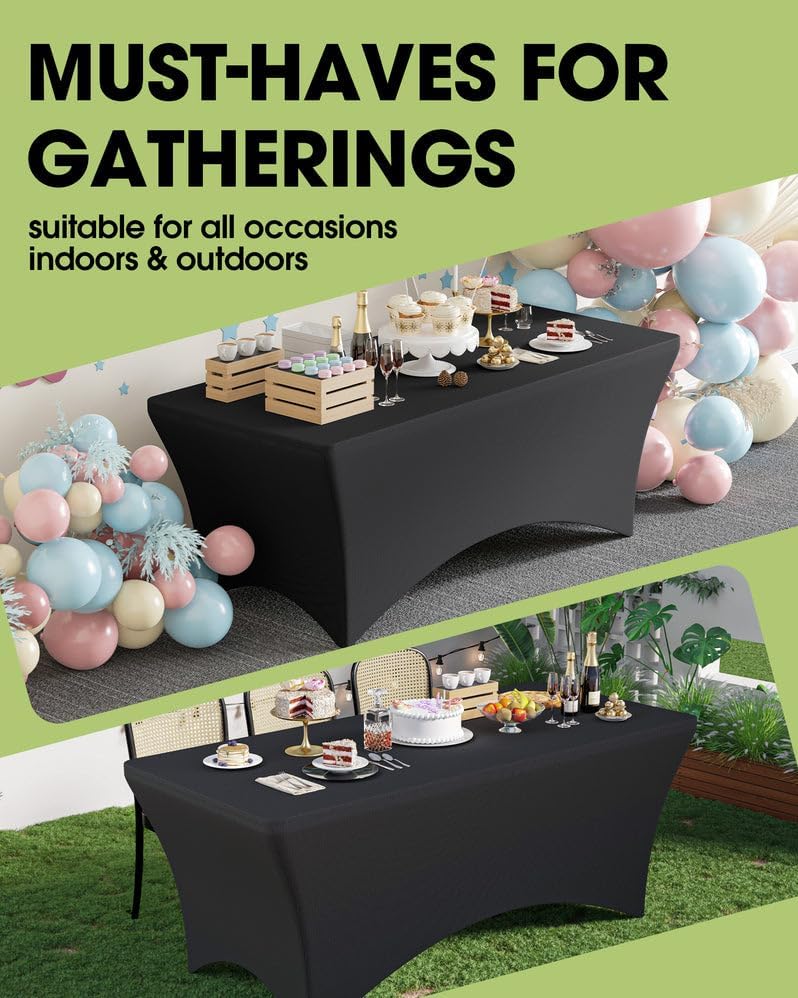 Pureegg Spandex Tablecloth 6ft - 2 Pack, Fitted and Tight Cloth for Rectangle Table, Wrinkle-Free and Stretch Table Cover for Party, Wedding, Banquet and Birthday, Black