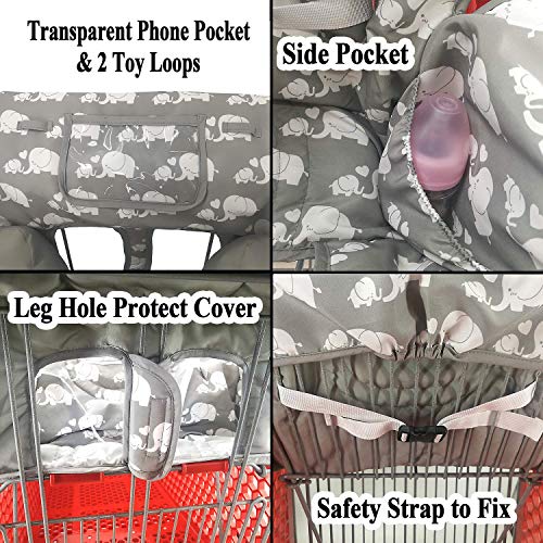 Soft Pillow Attached 2-in-1 Shopping Cart and High Chair Cover for Baby, Cotton Padded Cart Cover, Fold'n Roll Style, Portable with Carry Bag (Gray Elephant)