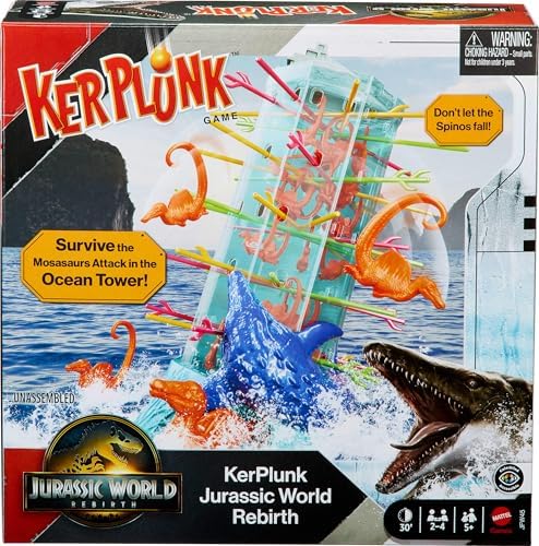 Mattel Games Kerplunk Jurassic World Rebirth Game for Kids & Family with Ocean Tower and Spinosaurus Figures Inspired by The Movie