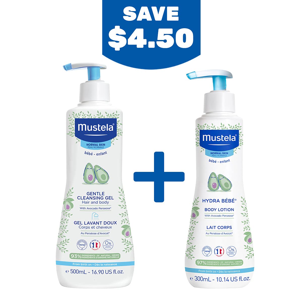 Mustela Baby Bath Time Gift Set - Baby Skin Care Essentials with Natural Avocado - Contains Hydra Bebe Body Lotion 10.14 fl. oz. & Gentle Cleansing Gel 16.9 fl. oz. - 2 Items Set