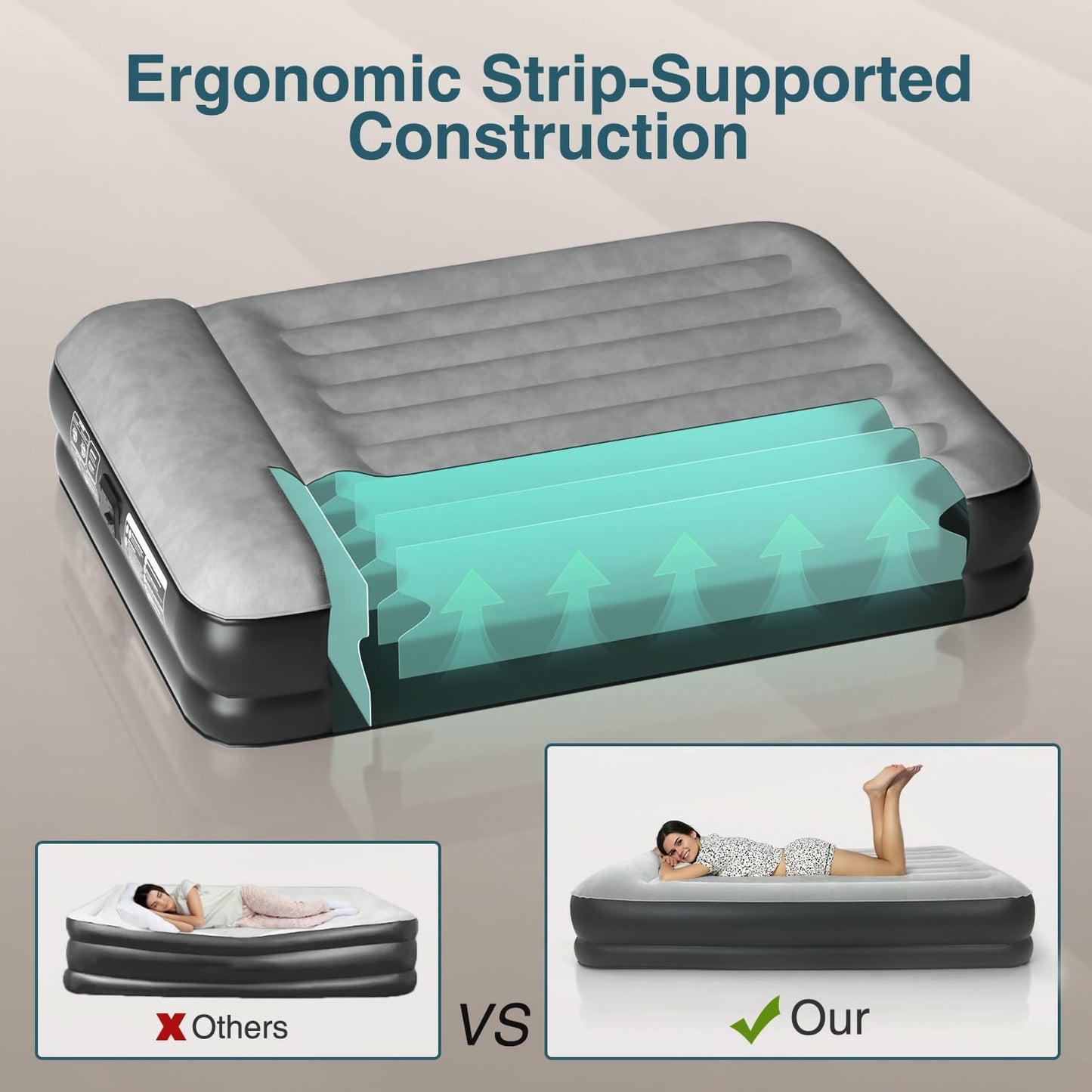 Ezyrest Queen Air Mattress Waterproof and Easy-to-Clean, Blow Up Mattress with Built-in Pump, Durable Inflatable Mattress with Pillow Design Suitable for Naps, Hosting a Friend and Camping