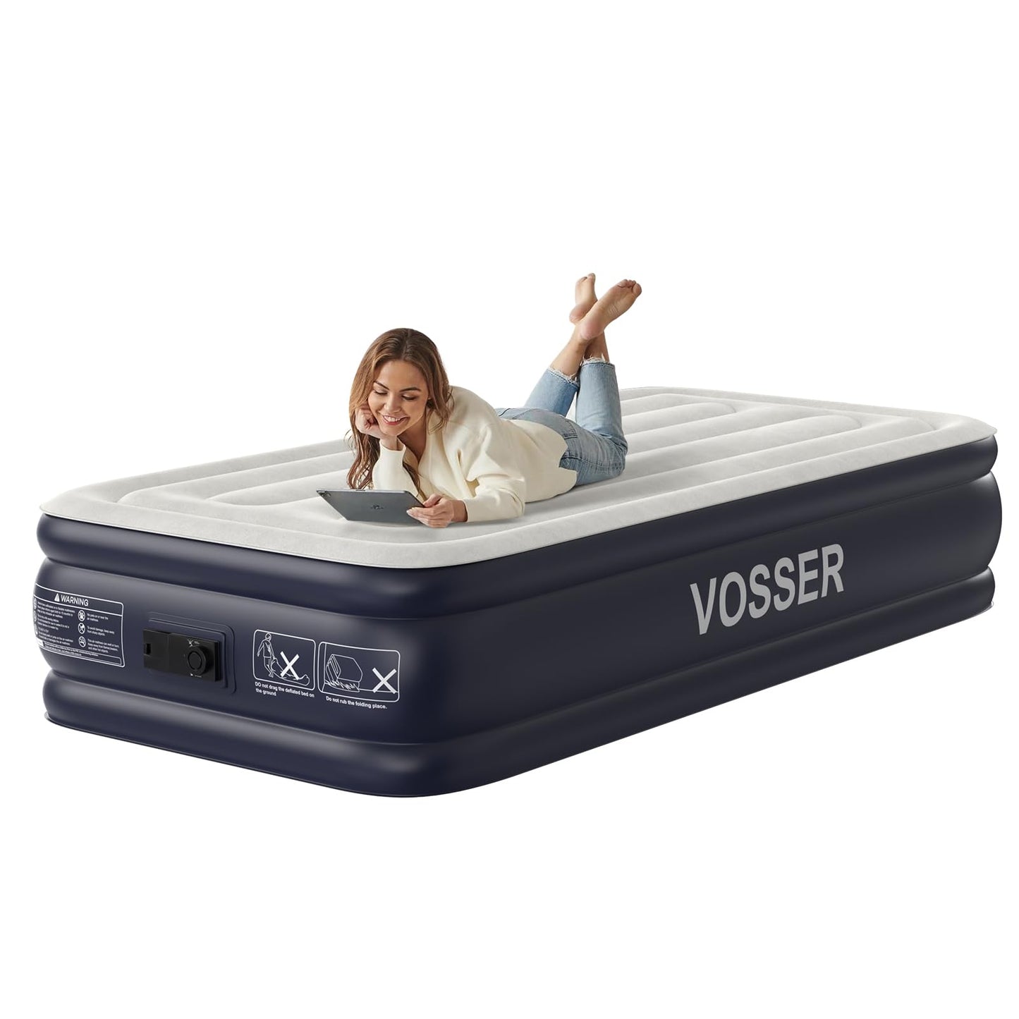 VOSSER Twin Air Mattress with Built in Pump Raised,18''Inflatable Mattress of Upgraded Vertical Beams,Self Inflatable Blow Up Mattress in 3 Mins,Flocked Top Airbed with Carry Bag for Home,Camping
