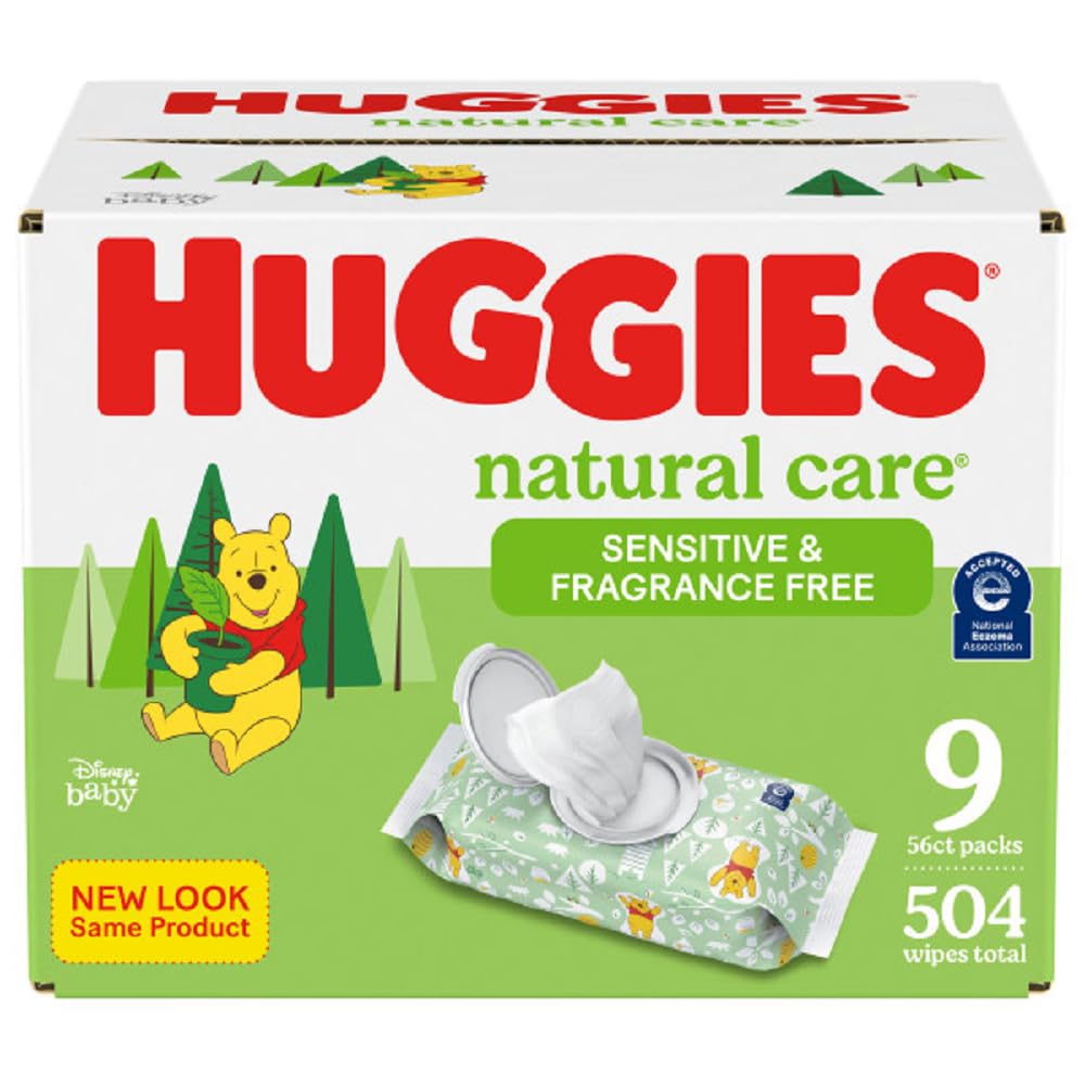 Huggies Natural Care Sensitive Baby Wipes, Unscented, Hypoallergenic, 99% Purified Water, 9 Flip-Top Packs (3 packs of 3), 504 Total Wipes (56 Wipes per pack), Packaging May Vary