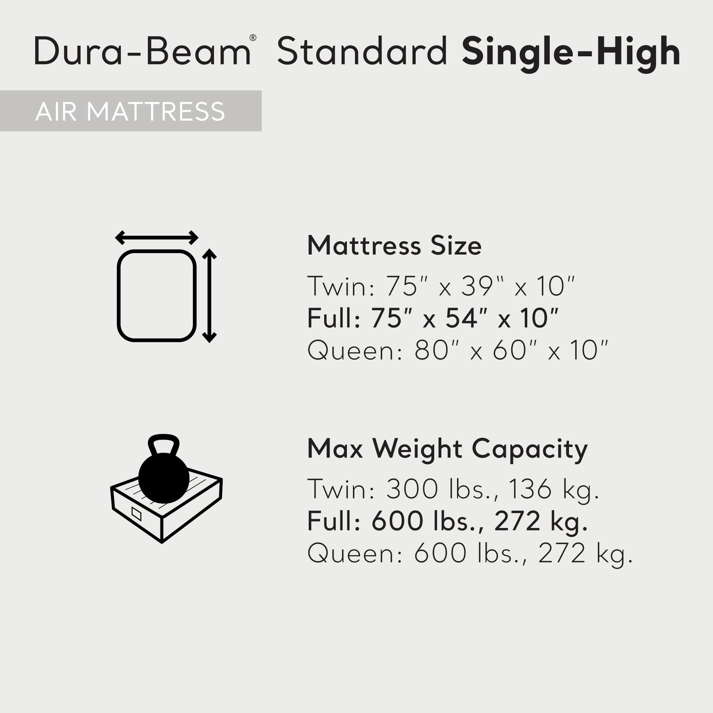 Intex 64102E Dura-Beam Standard Single-High Air Mattress: Fiber-Tech – Full Size – 10in Bed Height – 600lb Weight Capacity – Pump Sold Separately
