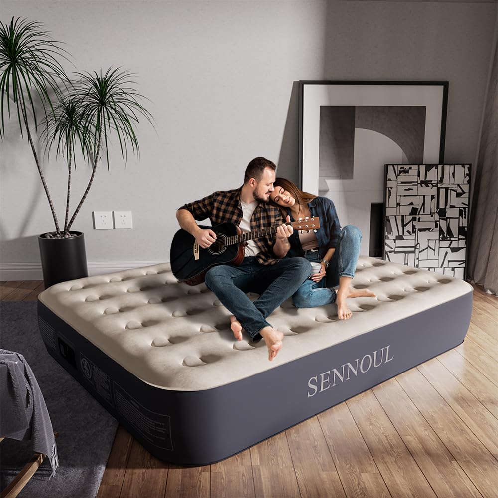 SENNOUL Air Mattress Queen with Built in Pump - Upgraded Blow Up Bed, 2 Mins Quick Self Inflatable, 13"/650lbs Max, Strong Support, All Night No Lost Air, for Camping,Home,Guests & Portable Travel