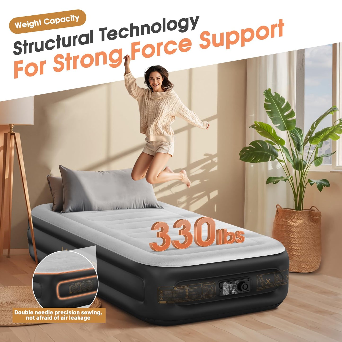VOSSER Twin Air Mattress with Built in Pump,Inflatable Mattress 2 Mins Self-Inflation/Deflation,Thicker Blow up Mattress Leak-Proof,Flocked Top Air Bed with Storage Bag for Home, Camping & Guests