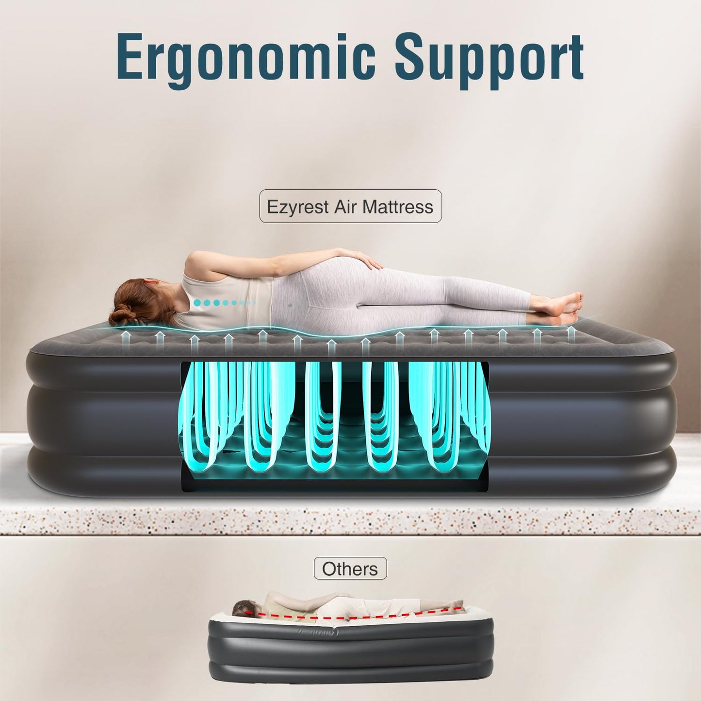 Ezyrest Queen Air Mattress Queen with Built in Pump 16" Double Height Inflatable Mattress with Soft Flocked Top & Carry Bag Adjustable Blow Up Mattress Portable Air Bed for Guest Indoor