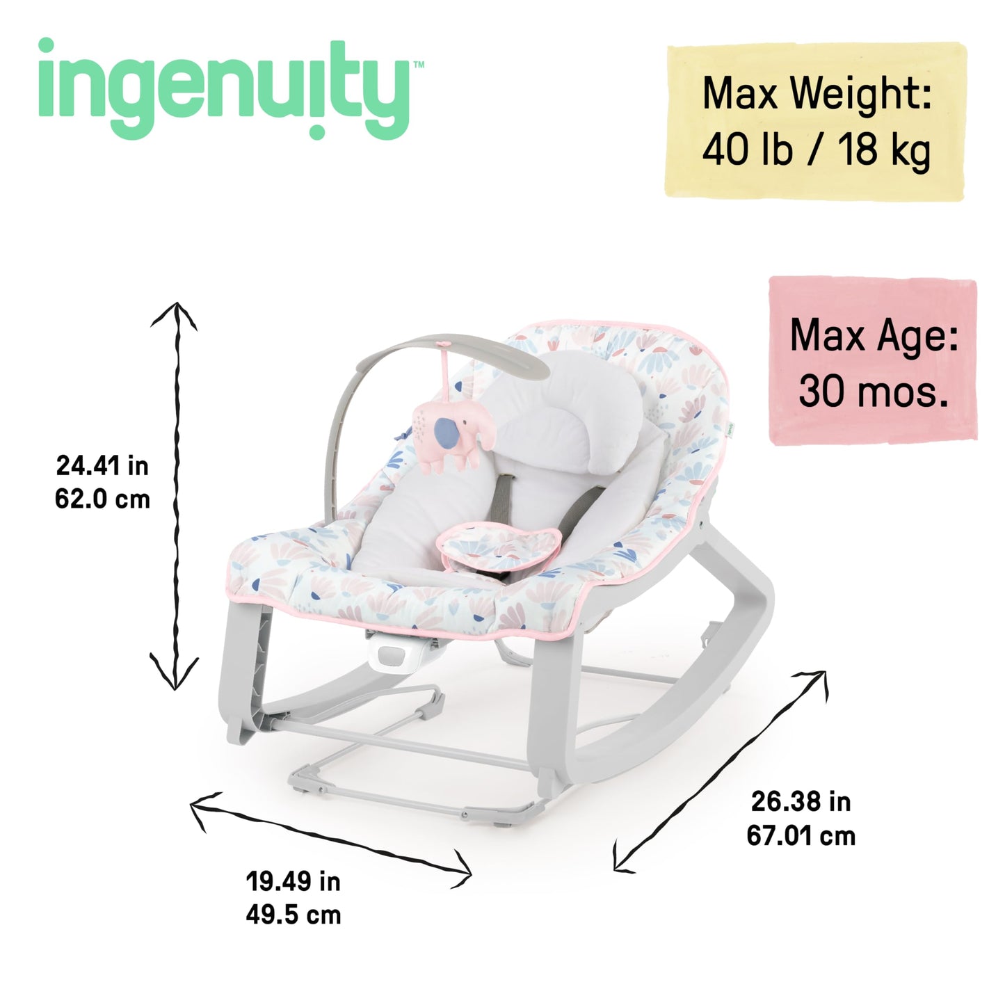 Ingenuity Keep Cozy 3-in-1 Grow with Me Vibrating Baby Bouncer Seat & Infant to Toddler Rocker, Vibrations & -Toy Bar, 0-30 Months Up to 40 lbs (Pink Burst)