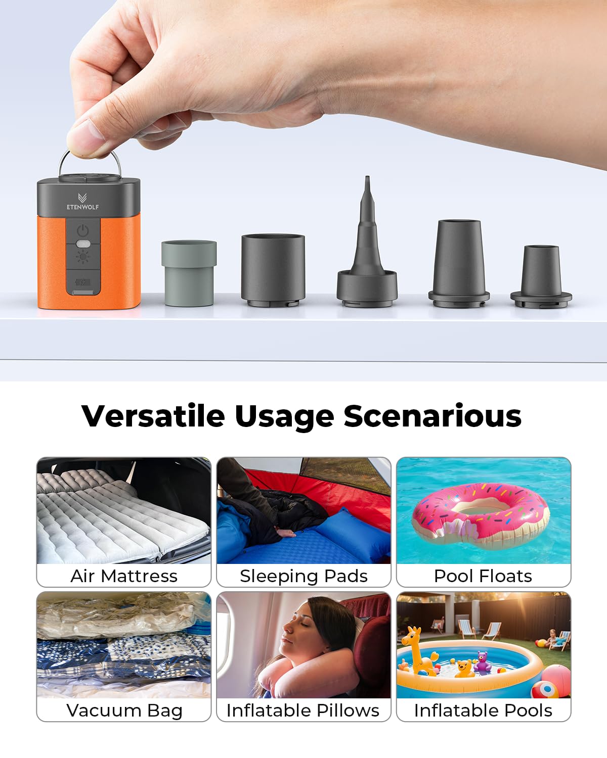 ETENWOLF AIR 3 Air Pump for Inflatables with 2600 mAh Battery & Camping Light, Ultra-Fast and Mini Electric Air Pump, Inflate Deflate for Air Mattress, Pool Floats, Vacuum Storage Bags