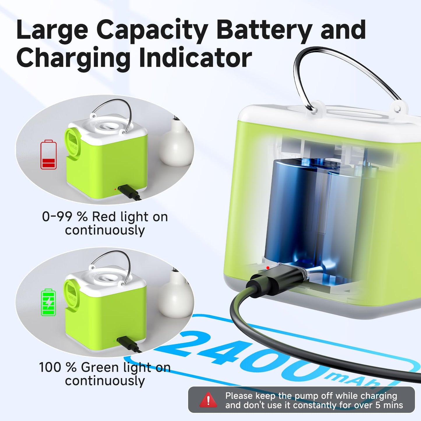 Portable Air Pump for Inflatables, 4.5kPa Mini Air Mattress Pump with Camping Light, 2400mAh Battery Rechargeable Air Pump for Pool Floats, Sleeping Pads, Swimming Ring, Vacuum Storage Bags, Green