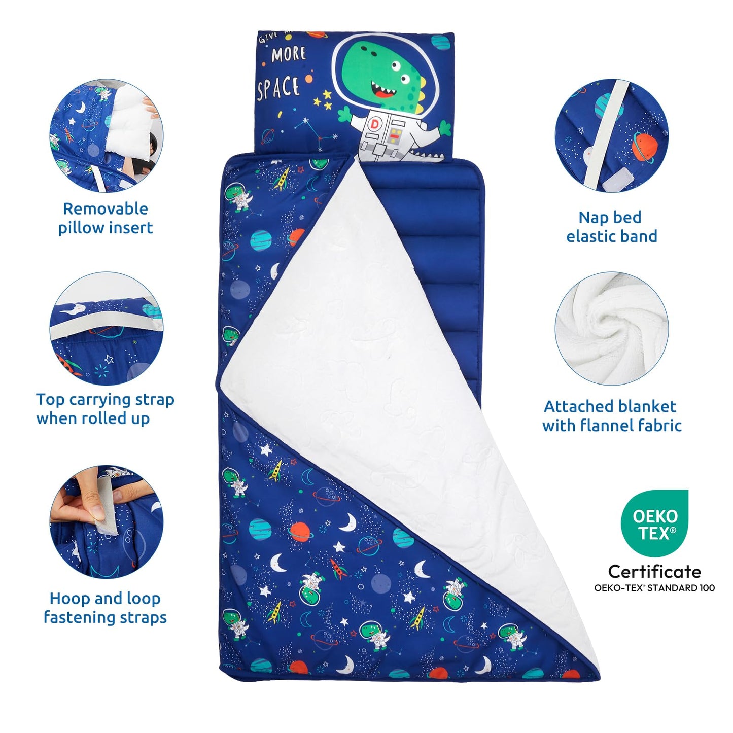 Safotad Toddler Nap Mat with Pillow and Blanket, Soft Sleeping Bag for Kids Boys and Girls, Slumber Bags Kids for Preschool, Daycare, Travel, Camping, 54" x 33" Great for Ages 3-6(Blue)