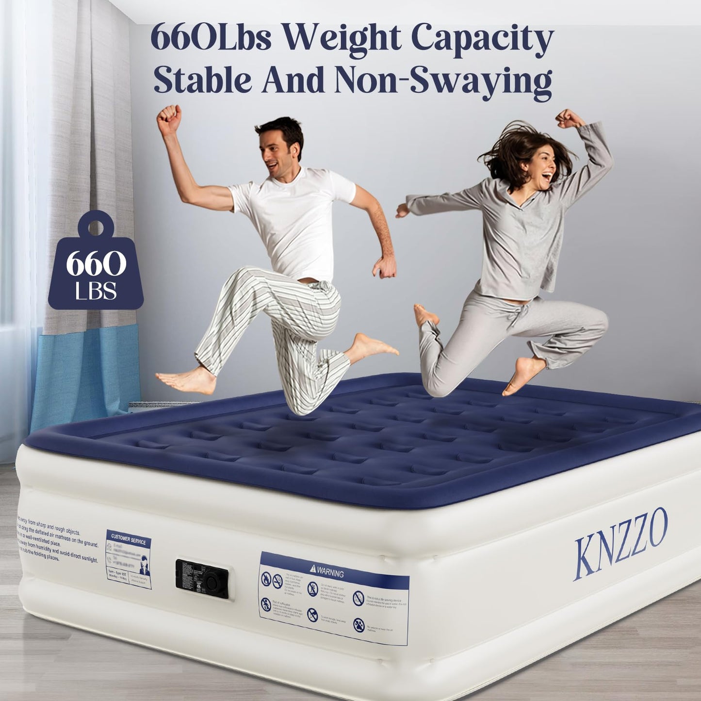 KNZZO Air Mattress Full with Built-in Pump, Blow Up Mattress with Soft Flocked Top, Leakproof Inflatable Mattress, Foldable Waterproof Air Bed for Home, Guests, Camping, with Storage Bag