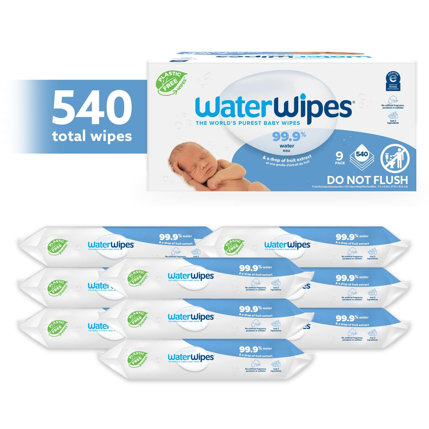 WaterWipes Sensitive+ Newborn & Baby Wipes, 3-In-1 Cleans, Cares, Protects, 99.9% Water, Unscented & Hypoallergenic, 540 Count (9 Packs)