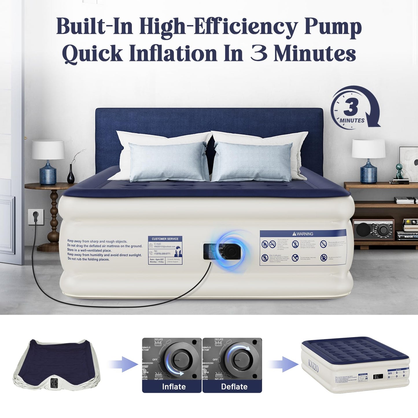 KNZZO Air Mattress Full with Built-in Pump, Blow Up Mattress with Soft Flocked Top, Leakproof Inflatable Mattress, Foldable Waterproof Air Bed for Home, Guests, Camping, with Storage Bag