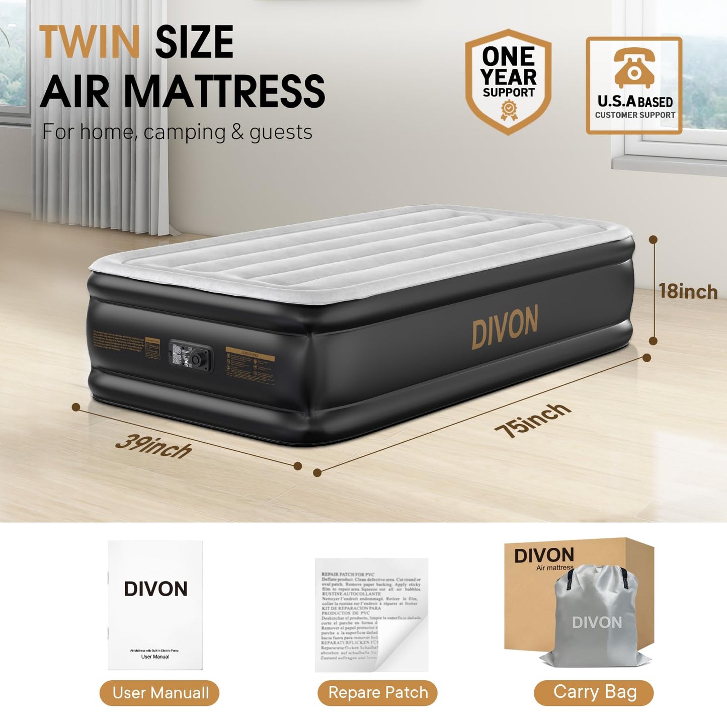 DIVON Twin Air Mattress with Built in Pump Raised,18” Inflatable Mattress with Wave Design,Blow Up Mattress in 2 Mins,Single Twin Size Air Mattress for Guest, Thicker AirBed,Colchon Inflable-330Lbs
