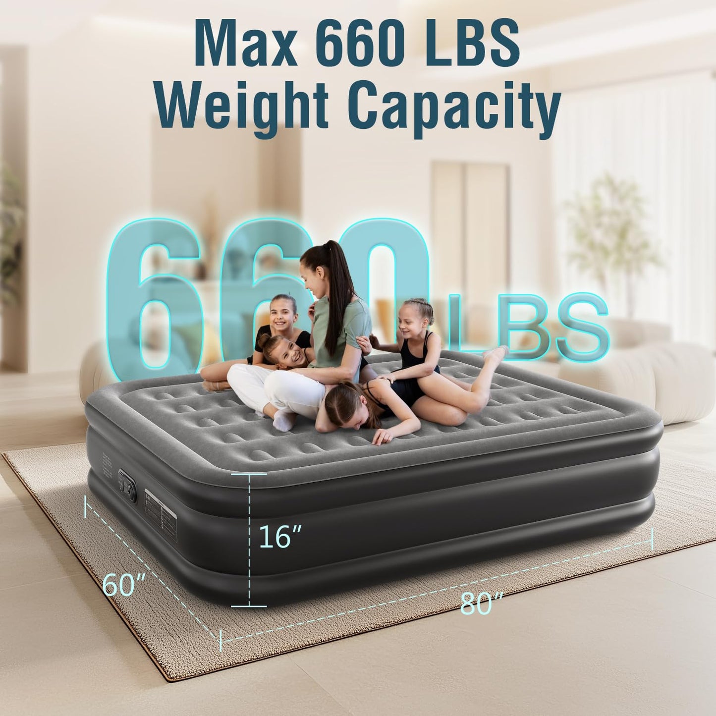 Ezyrest Queen Air Mattress Queen with Built in Pump 16" Double Height Inflatable Mattress with Soft Flocked Top & Carry Bag Adjustable Blow Up Mattress Portable Air Bed for Guest Indoor