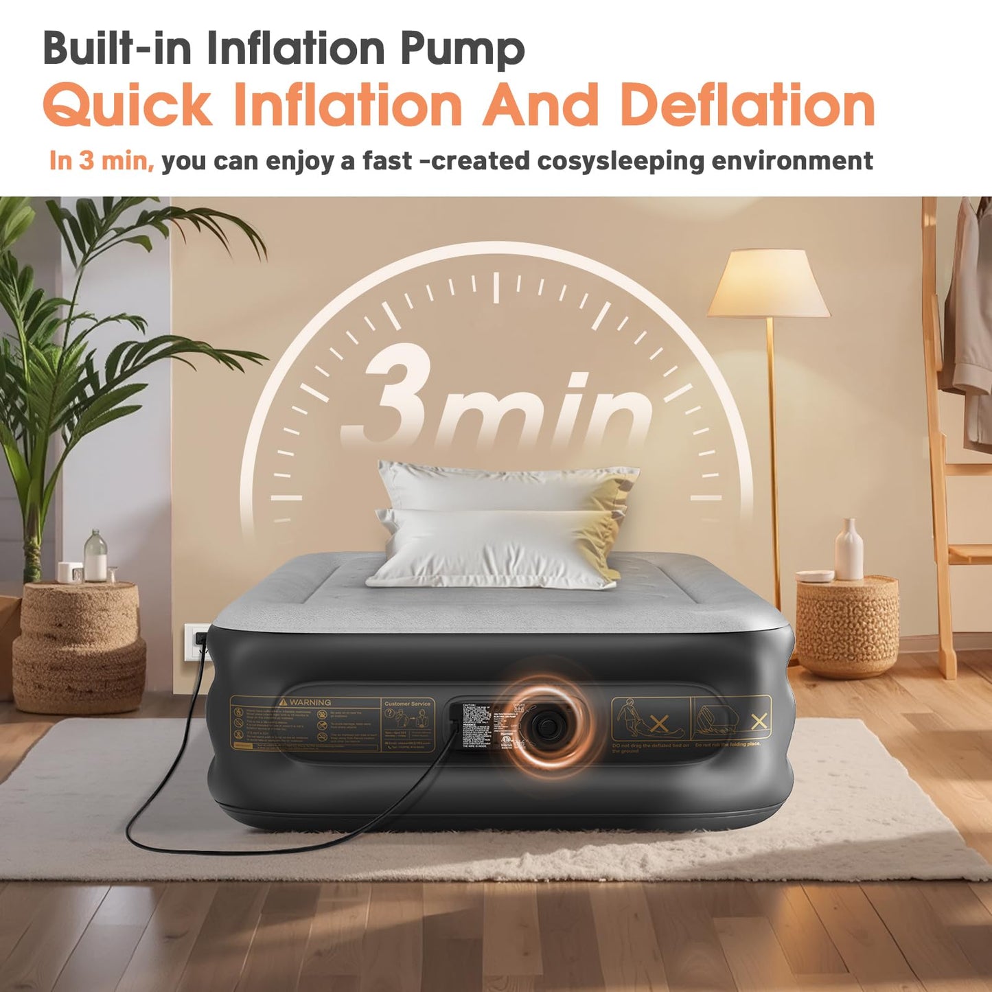 VOSSER Twin Air Mattress with Built in Pump,Inflatable Mattress 2 Mins Self-Inflation/Deflation,Thicker Blow up Mattress Leak-Proof,Flocked Top Air Bed with Storage Bag for Home, Camping & Guests
