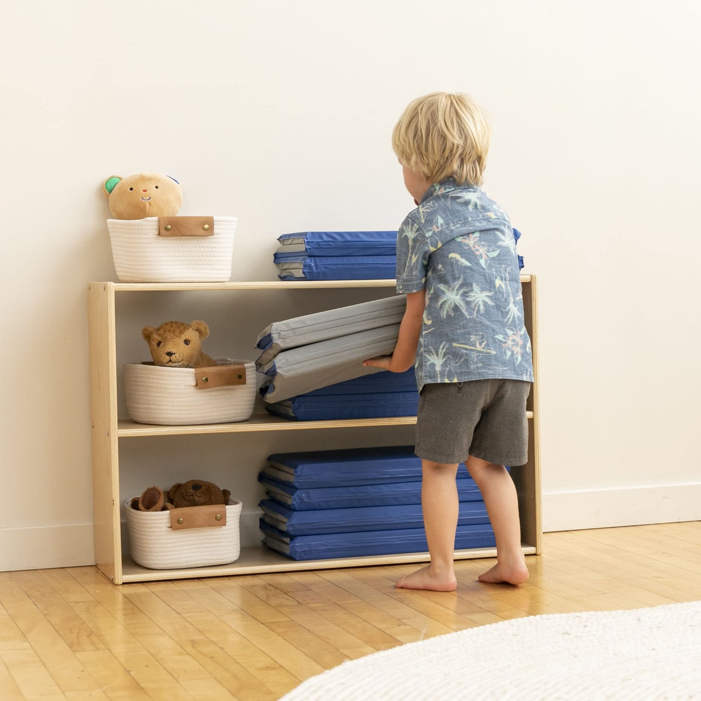 ECR4Kids Everyday Folding Rest Mat, 4-Section, 1in, Classroom Furniture, Blue/Grey