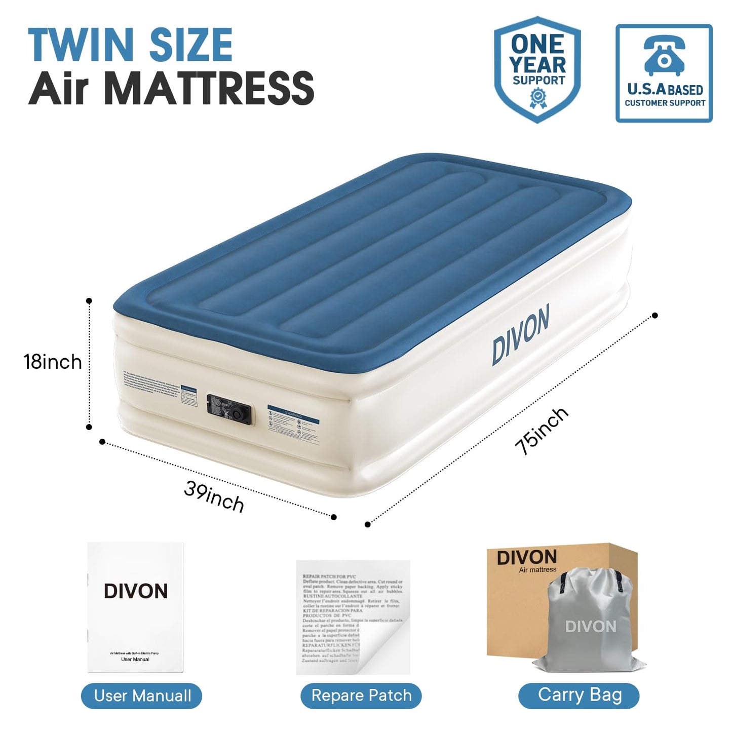 DIVON Twin Air Mattress with Built in Pump Raised,18”Single Inflatable Mattress in 2 Mins,Foldable Blow Up Mattress,Portable Twin Size Air Mattress for Camping,Travel&Floor,Air Bed for Adults,330lbs