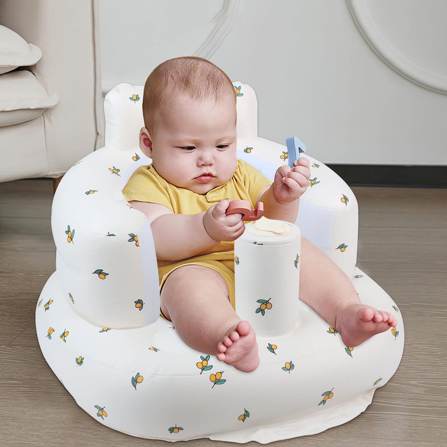 EKEPE Inflatable Baby Seat for Babies 3 Months & Up, Infant Floor Seats for Sitting Up, Baby Seats for Infants, Blow Up Baby Chair with Built in Air Pump - Olive Flower