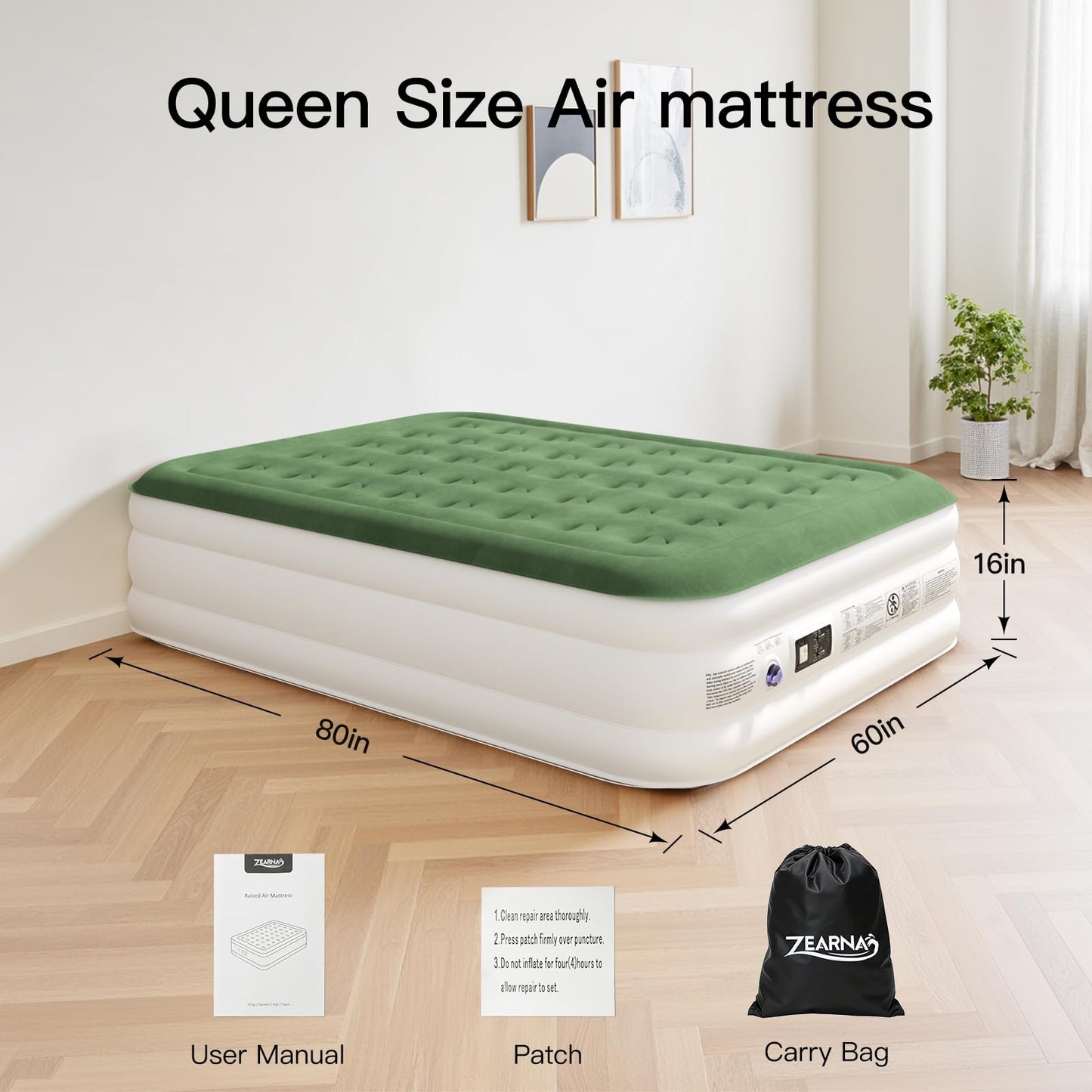 Zearna 2025 Upgraded Queen Air Mattress with Built in Pump,16'' Comfort Blow up Mattress, Quiet Surface Portable Inflatable Mattress, Air Bed with Storage Bag for Guests, Home, Camping, 660 lbs Max