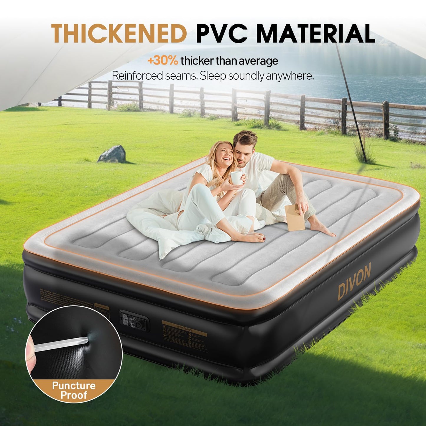 DIVON Air Mattress Queen with Built in Pump,Blow Up Mattress with Wave Pattern in 3 Mins,18'' Quick Inflatable Mattress, Luxury Airbed for Home&Camping,Black,660lbs