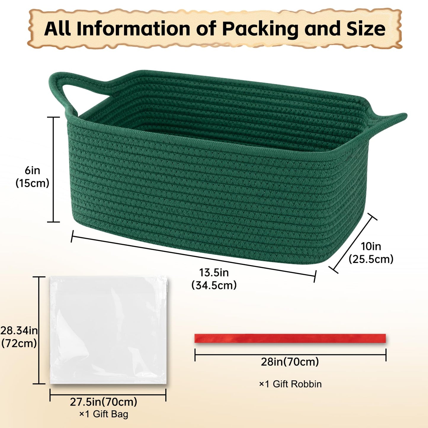 OIAHOMY Woven Basket, Gift Basket Empty with Gift Bags and Ribbons, Rope Baskets for Baby Showers, Storage Baskets with Handles for Nursery, Pet Toy Organizer - Green