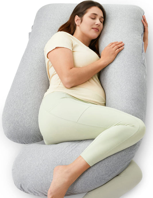 Momcozy U Shaped Pregnancy Pillows with Cotton Removable Cover, 57 Inch Full Body Pillow Maternity Support, Must Have for Pregnant Women, Hatha Grey