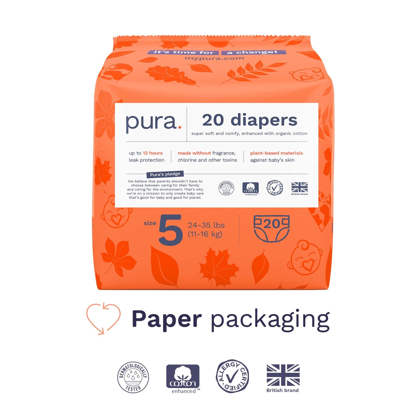 Pura Size 5 Eco-Friendly Diapers (24-35 lbs) Totally Chlorine Free (TCF), Hypoallergenic, Soft Organic Cotton, Sustainable, up to 12 Hours Leak Protection, Allergy UK, 6 Packs of 20 (120 Diapers)