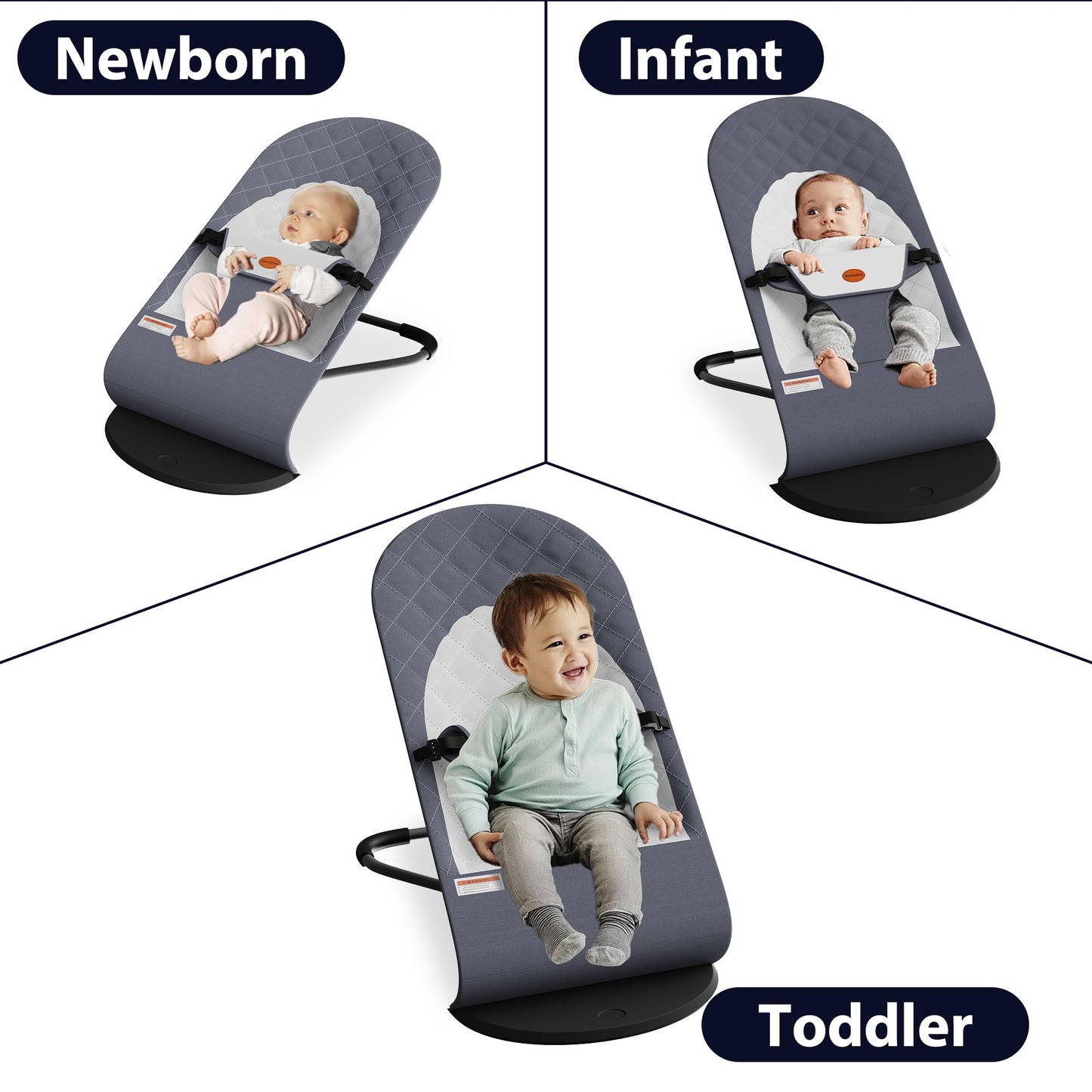 Portable Baby Bouncer Seat for Infants, 0-18 Months, 3 Modes of Use with Rocker & Stationary Options, Ergonomic Infant Chair with Hanging Toys, Baby Shower Gifts – Grey