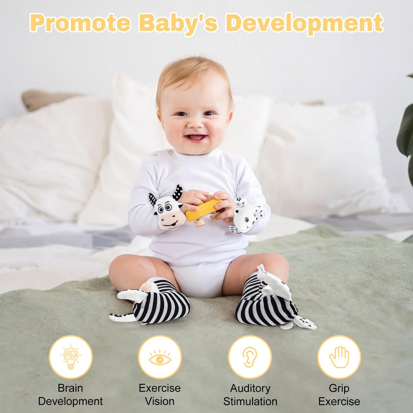 iAOVUEBY Baby Shower Gifts, Baby Gift Set for Newborn, Black and White High Contrast Baby Montessori Toys 0-6 Months Infant Rattle Socks Blanket Onesies, New Baby Gifts Basket for Girls Boys