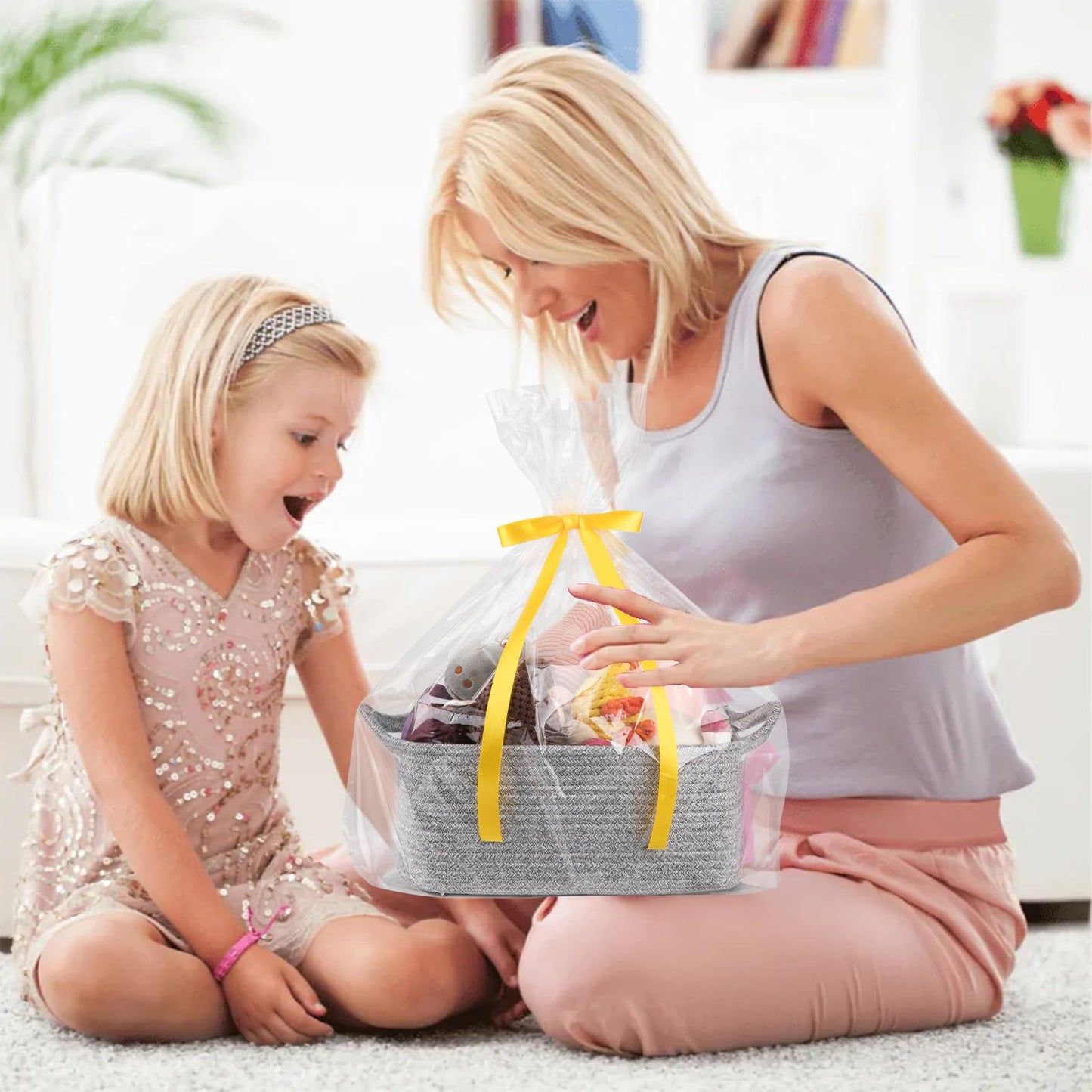 OIAHOMY Woven Basket, Gift Basket Empty with Gift Bags and Ribbons, Rope Baskets for Baby Showers, Storage Baskets with Handles for Nursery, Pet Toy Organizer - Grey
