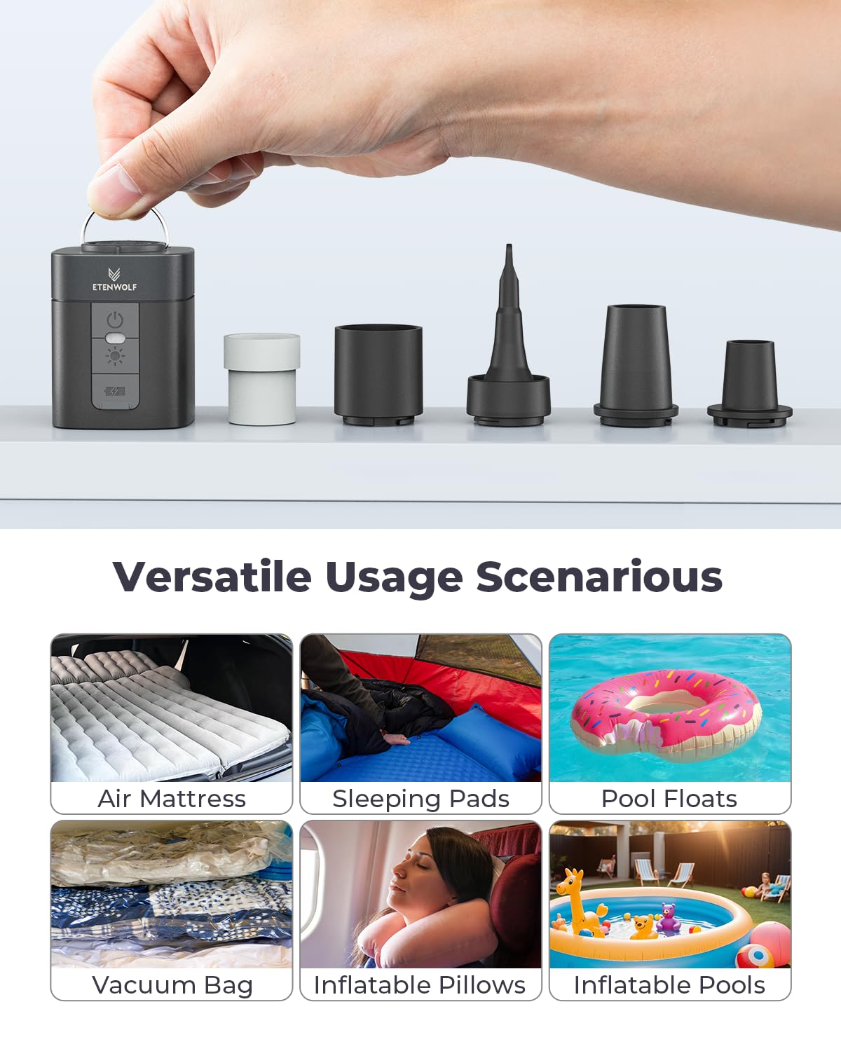 ETENWOLF AIR 3 Air Pump for Inflatables with 2600 mAh Battery & Camping Light, Ultra-Fast and Mini Electric Air Pump, Inflate Deflate for Air Mattress, Pool Floats, Vacuum Storage Bags (Black)