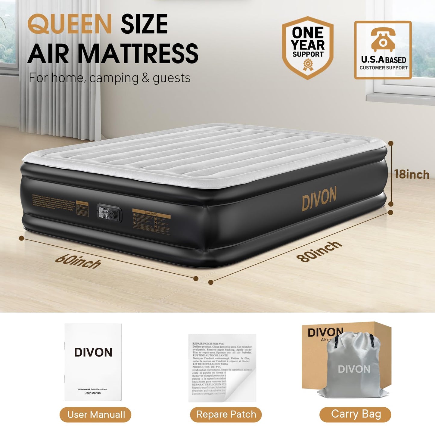 DIVON Air Mattress Queen with Built in Pump,Blow Up Mattress with Wave Pattern in 3 Mins,18'' Quick Inflatable Mattress, Luxury Airbed for Home&Camping,Black,660lbs
