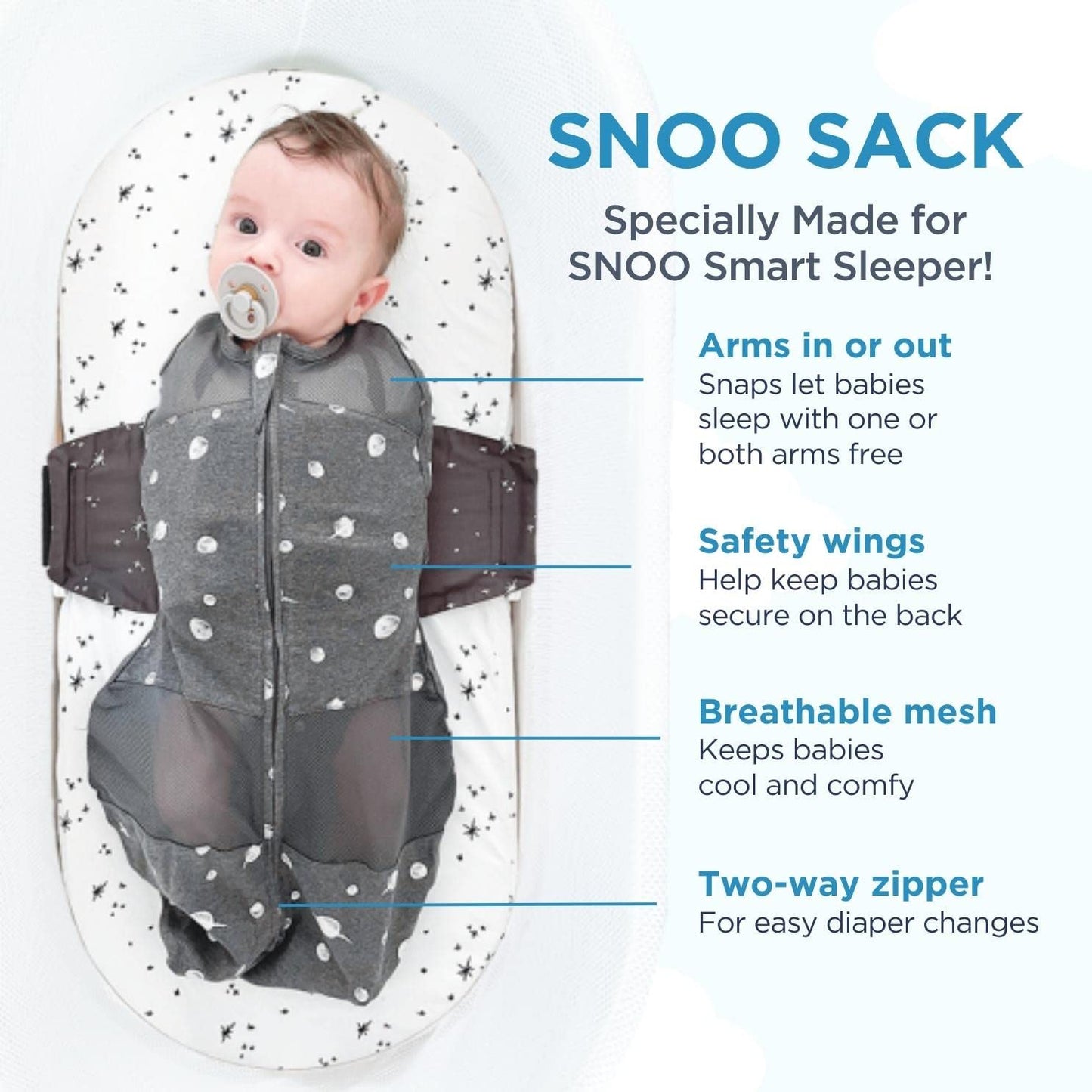 Happiest Baby SNOO Sleep Sack - 100% Organic Cotton Baby Swaddle Blanket - Doctor Designed Promotes Healthy Hip Development (White, Medium)