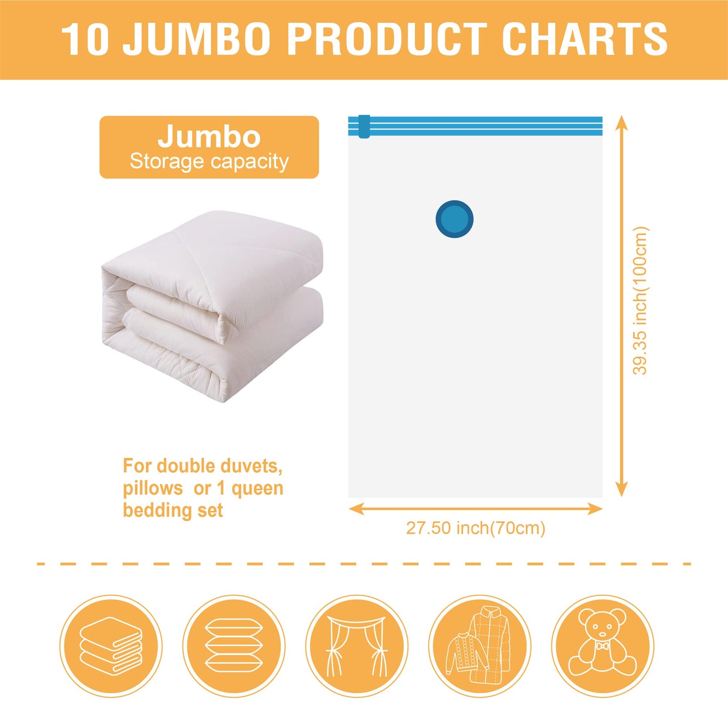 10 Jumbo Vacuum Storage Bags, Space Saver Bags Compression Storage Bags for Comforters and Blankets, Vacuum Sealer Bags for Clothes Storage, Hand Pump Included