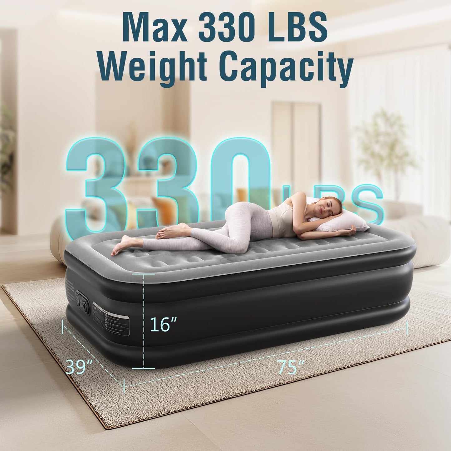 Ezyrest Twin Air Mattress Twin with Built in Pump 16" Double Height Inflatable Mattress with Soft Flocked Top & Carry Bag Adjustable Blow Up Mattress Portable Air Bed for Guest Indoor Travel-Black