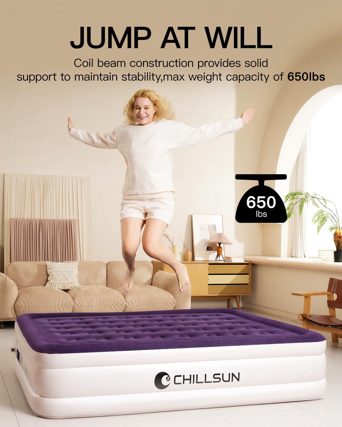 CHILLSUN Air Mattress Queen with Built in Pump, Inflatable Blow Up Mattress 18 Raised Comfort, Upgraded Surface Air Bed, Colchones Inflables Ideal for Camping, Home and Guest 650lbs Max
