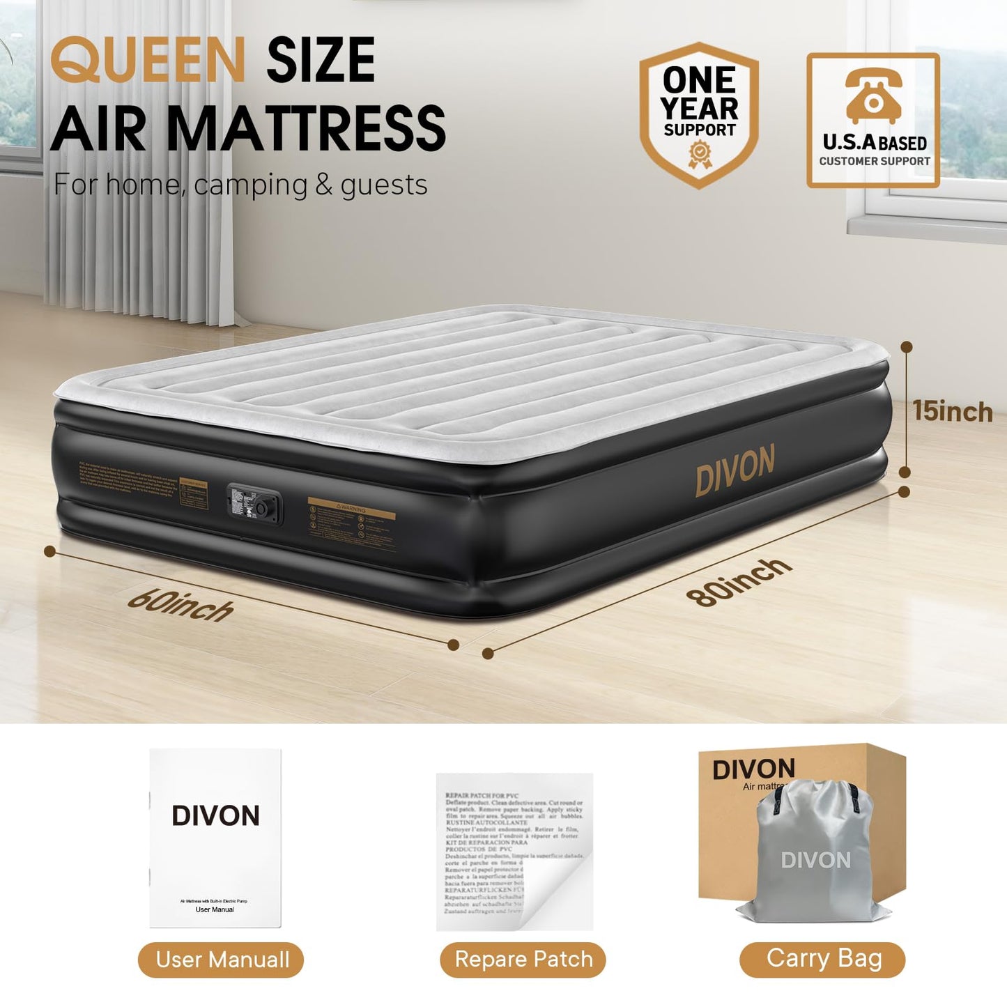 DIVON Air Mattress Queen with Built in Pump,Blow Up Mattress with Wave Pattern in 3 Mins,15’’High Quick Inflatable Mattress Queen,Air Bed for Home&Camping,660lbs